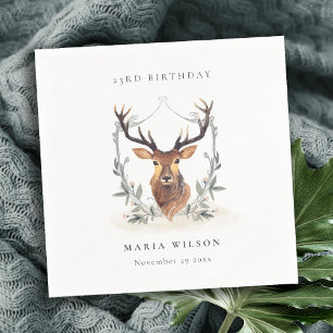Cute Dusky Deer Floral Crest Any Age Birthday Napkin
