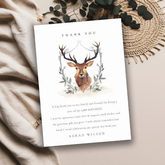 Cute Dusky Deer Floral Crest  Any Age Birthday Thank You Card (Creator Uploaded)