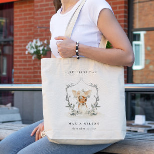 Cute Dusky Deer Floral Crest Any Age Birthday Tote Bag