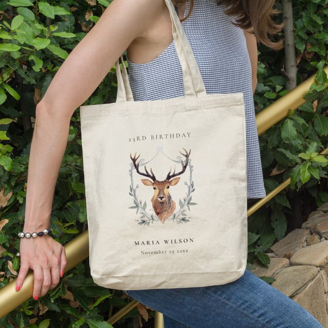 Cute Dusky Deer Floral Crest Any Age Birthday Tote Bag (Creator Uploaded)