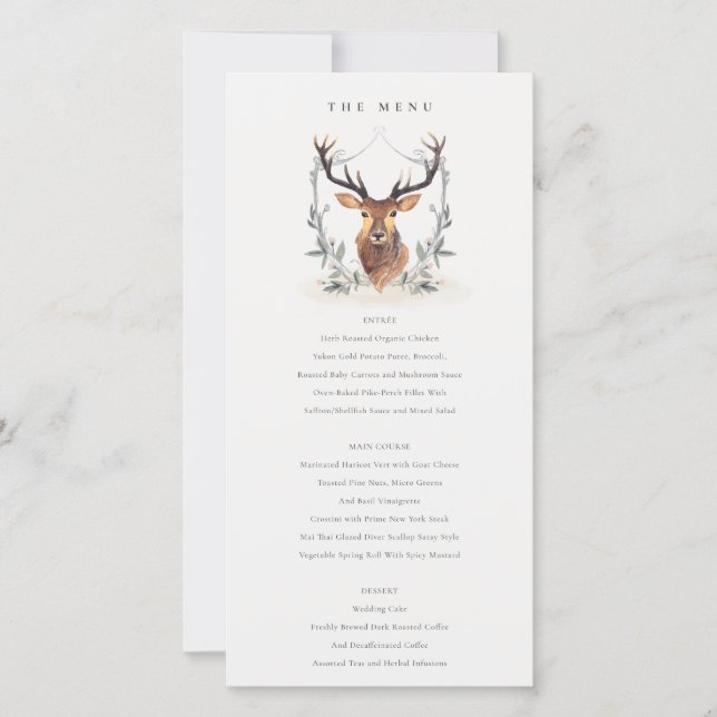 Cute Dusky Deer Floral Crest Wedding Menu Card (Front)