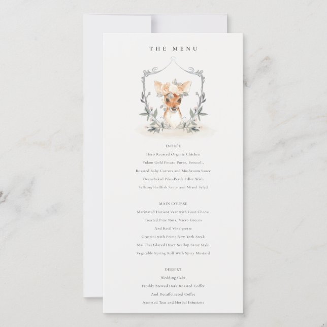 Cute Dusky Deer Floral Crest Wedding Menu Card (Front)