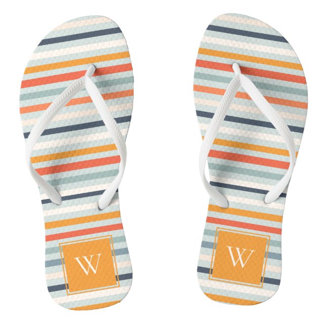 Cute Dusky Orange Blue Ochre Striped Pattern Jandals (Footbed)