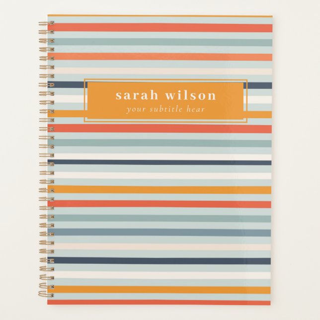 Cute Dusky Orange Blue Ochre Striped Pattern Planner (Front)