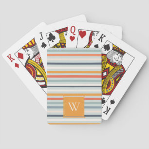 Cute Dusky Orange Blue Striped Pattern Monogram Playing Cards