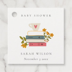 Cute Dusky Stacked Storybooks Floral Baby Shower Favour Tags