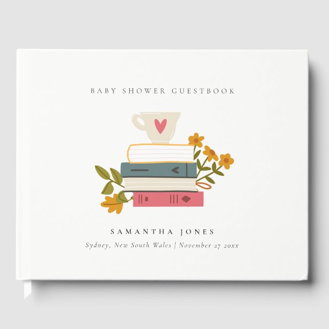 Cute Dusky Stacked Storybooks Floral Baby Shower Guest Book (Front)
