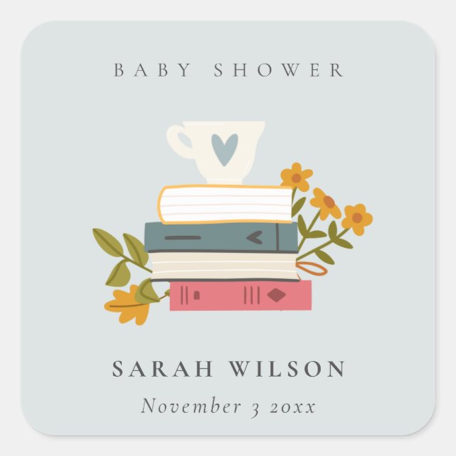 Cute Dusky Stacked Storybooks Floral Baby Shower Square Sticker (Front)