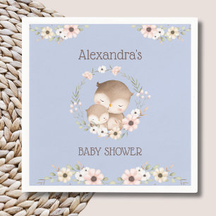 Cute Dusty Blue Floral Woodland Owl Baby Shower Napkin