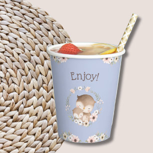 Cute Dusty Blue Floral Woodland Owl Baby Shower Paper Cups