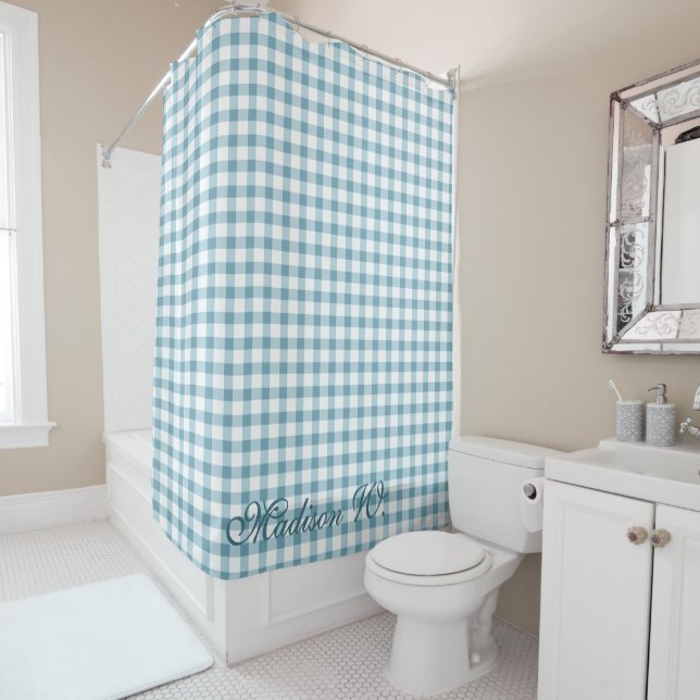 Cute Dusty Blue Gingham Pattern Shower Curtain (In Situ)