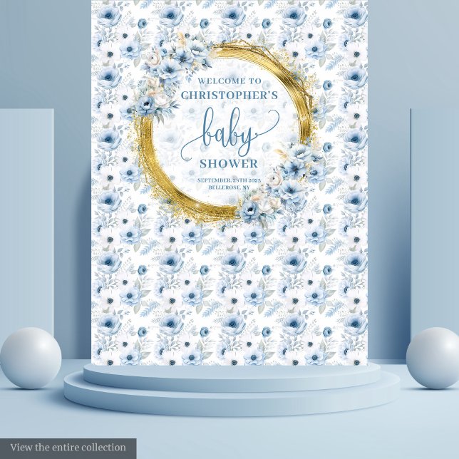Cute Dusty Blue Gold Flowers Baby Shower Backdrop Tapestry (Cute Dusty Blue Gold Flowers Baby Shower Backdrop

)