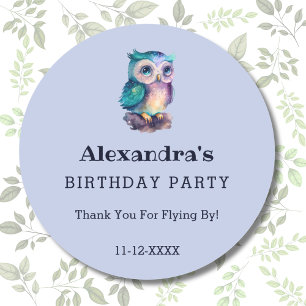 Cute Dusty Blue Owl Kids Birthday Thank You Classic Round Sticker