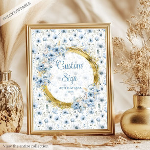 Cute dusty blue watercolor flowers gold custom   poster