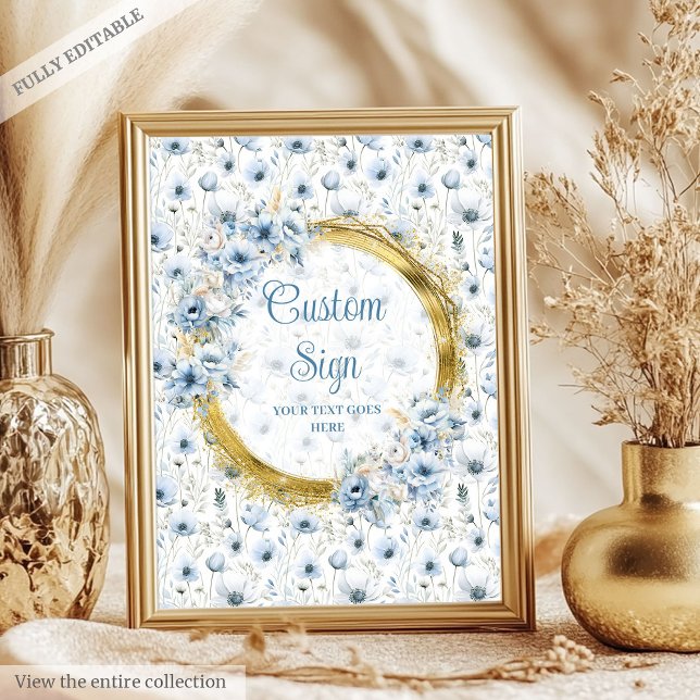 Cute dusty blue watercolor flowers gold custom   poster (Cute dusty blue watercolor flowers gold custom Poster)