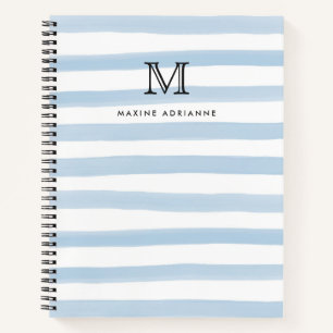Cute Dusty Blue Watercolor Stripes Monogram Name Notebook