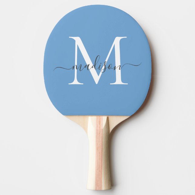 Cute Dusty Blue White Monogram Elegant Script Name Ping Pong Paddle (Front)