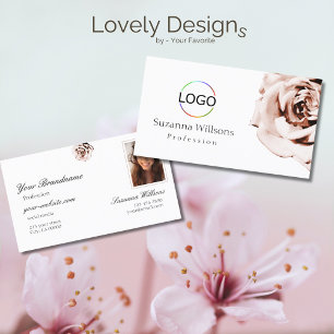 Cute Dusty Pink Rose Plain White with Logo Photo Business Card
