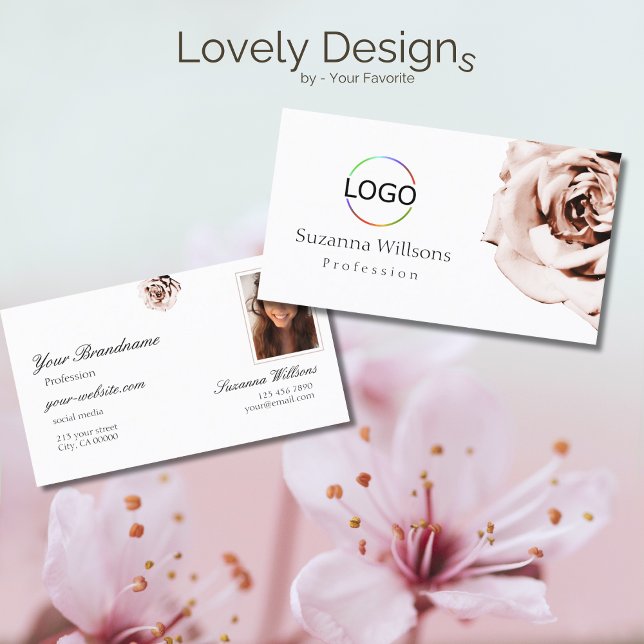 Cute Dusty Pink Rose Plain White with Logo Photo Business Card (Creator Uploaded)