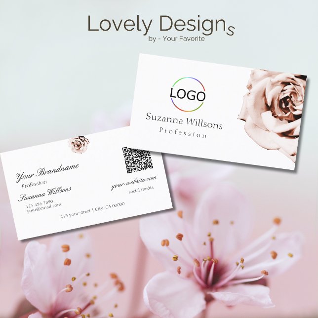Cute Dusty Pink Rose Plain White with Logo QR Code Business Card (Creator Uploaded)