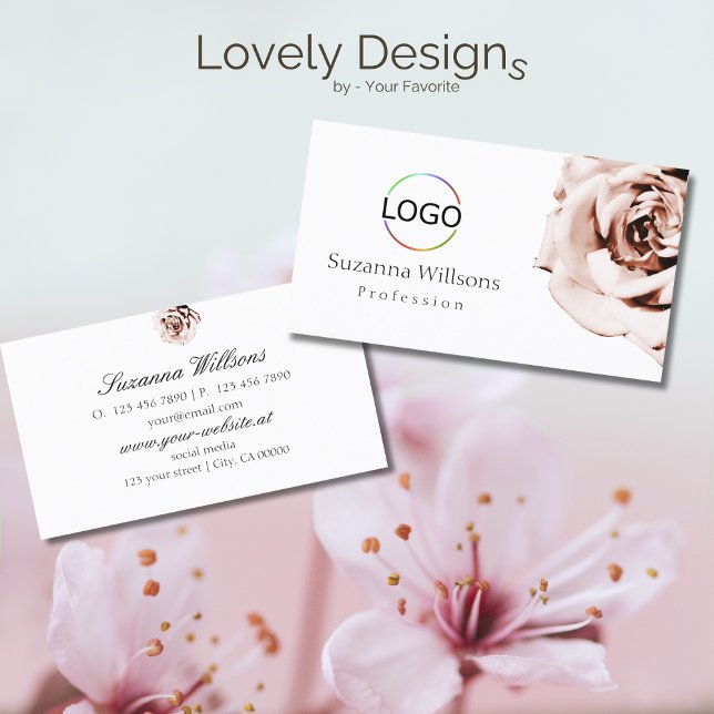 Cute Dusty Pink Rose Plain White with Logo Simple Business Card (Creator Uploaded)
