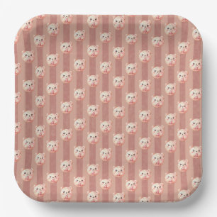 Cute Dusty Rose Teddy Bear and Stripe Paper Plate
