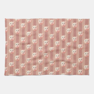 Cute Dusty Rose Teddy Bear and Stripe Tea Towel