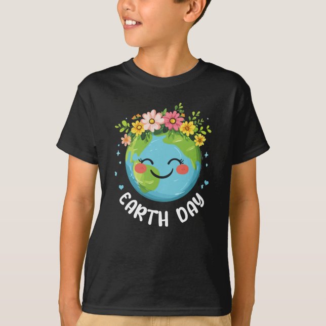 Cute Earth With Floral Happy Earth Day 2025 Youth  T-Shirt (Front)