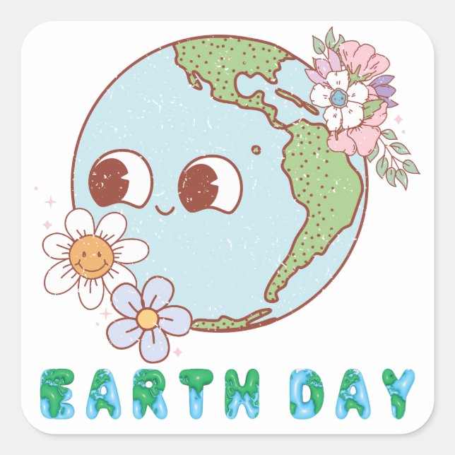 Cute Earth with Flowers Happy Earth Day Floral Square Sticker (Front)