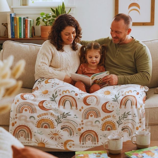 Cute Earthy Boho Rainbow Personalised Baby Fleece  Blanket (Trendy cozy boho rainbow fleece blanket. Perfect neutral throw for family couch cuddles!)