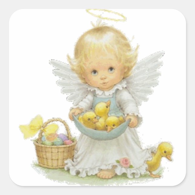Cute Easter Angel and Ducklings Square Sticker (Front)