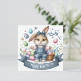 Cute Easter Basket Bunny Overalls Illustration  Holiday Card