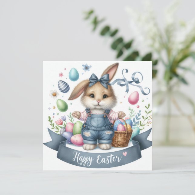 Cute Easter Basket Bunny Overalls Illustration  Holiday Card (Standing Front)