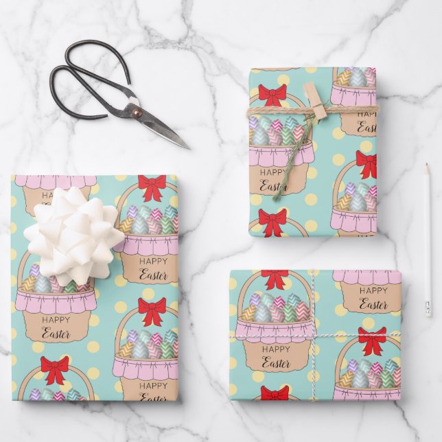 Cute Easter Basket & Pastel Easter Eggs Wrapping Paper Sheet (Front)