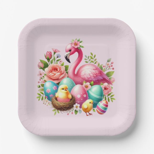 Cute Easter beach pink flamingo party Paper Plate (Front)