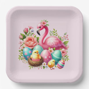 Cute Easter beach pink flamingo party Paper Plate