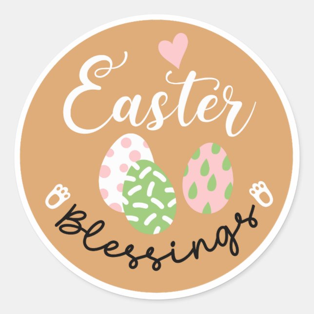 Cute Easter Blessings Pastel Eggs and Hearts Classic Round Sticker (Front)