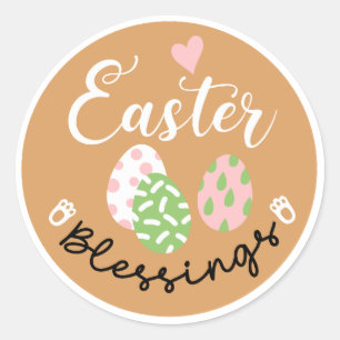 Cute Easter Blessings Pastel Eggs and Hearts Classic Round Sticker