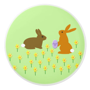 Cute Easter Bunnies and Daffodils Ceramic Knob