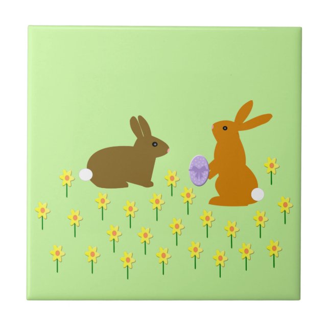 Cute Easter Bunnies and Daffodils Ceramic Tile (Front)