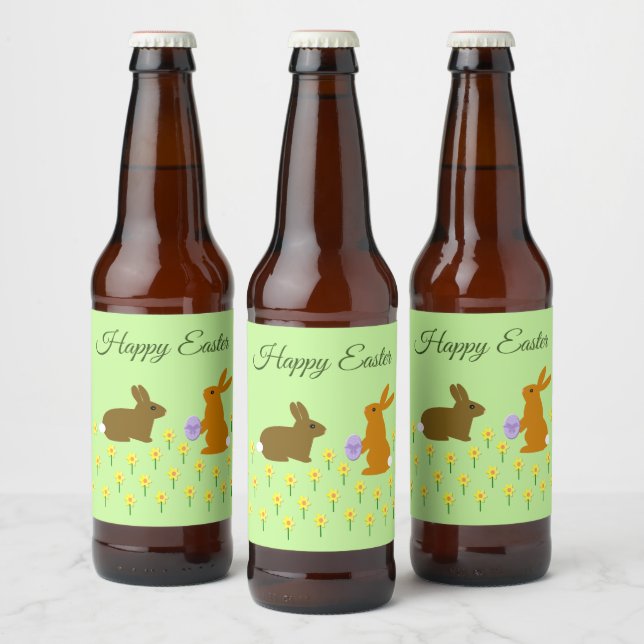 Cute Easter Bunnies and Daffodils Custom Beer Bottle Label (Bottles)