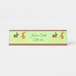 Cute Easter Bunnies and Daffodils Custom Desk Name Plate