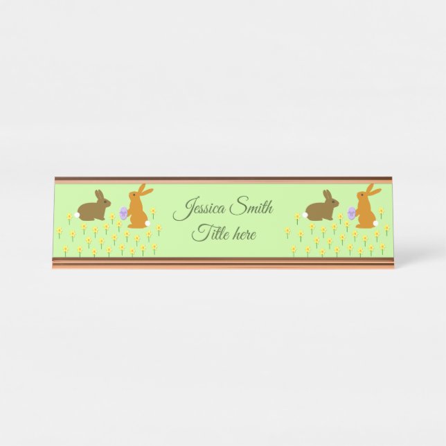 Cute Easter Bunnies and Daffodils Custom Desk Name Plate (Front)