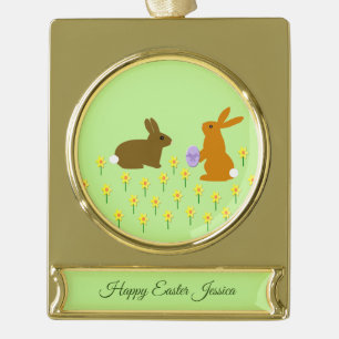 Cute Easter Bunnies and Daffodils Custom Gold Plated Banner Ornament