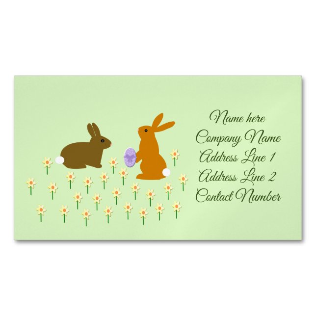 Cute Easter Bunnies and Daffodils Custom Magnetic Business Card (Front)