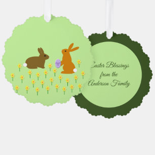 Cute Easter Bunnies and Daffodils Custom Tree Decoration Card