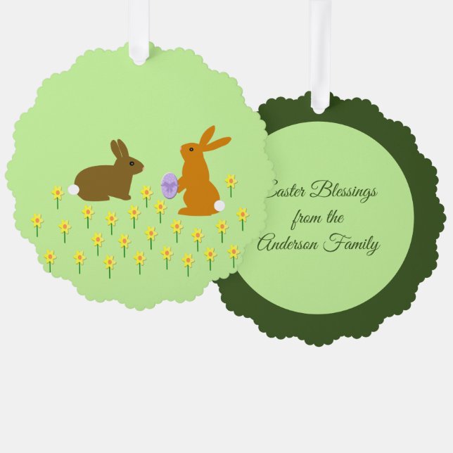 Cute Easter Bunnies and Daffodils Custom Tree Decoration Card (Front/Back)