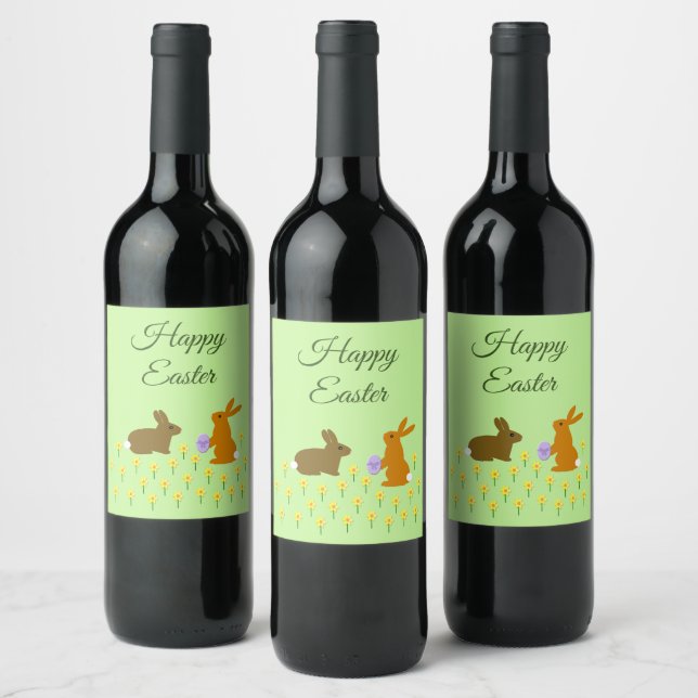 Cute Easter Bunnies and Daffodils Custom Wine Label (Bottles)