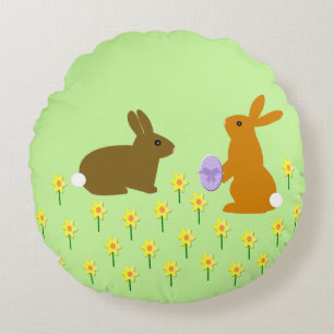 Cute Easter Bunnies and Daffodils Round Pillow