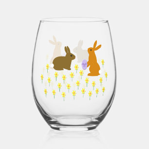 Cute Easter Bunnies and Daffodils Stemless Wine Glass